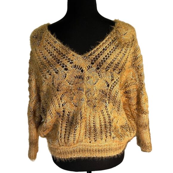 Cellabie Golden Yellow Loose Knit V-Neck Cropped Sweater, One Size - Picture 1 of 10